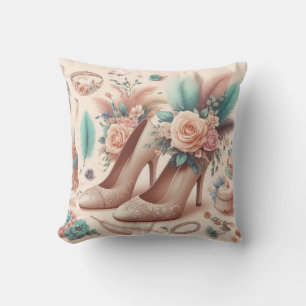 Vintage Shoes, Rose, Feather: Fashionista Elegance Throw Pillow