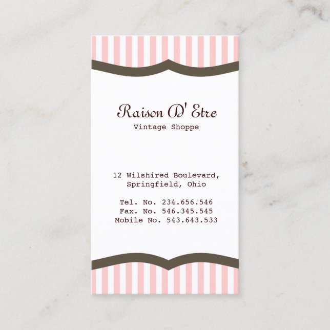 Vintage Shop Pink Stripe Business Card (Front)