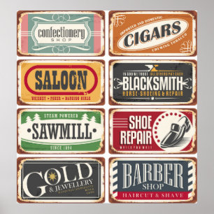 Vintage shop posters collection. Retro store tin s