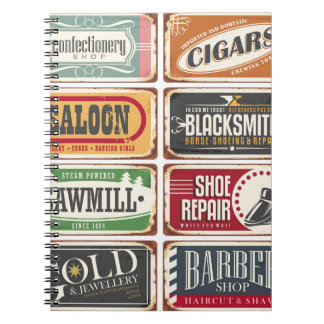 Vintage shop posters collection. Retro store tin s Notebook