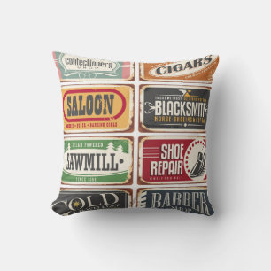 Vintage shop posters collection. Retro store tin s Throw Pillow
