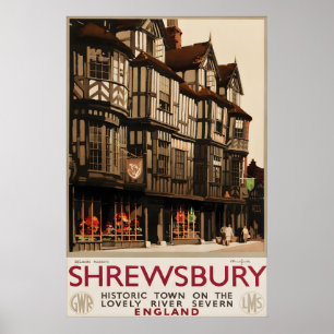 Vintage Shrewsbury England Travel Poster Tudor