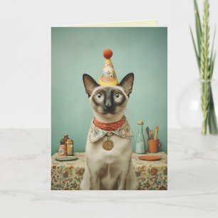 Vintage Siamese Cat with Party Hat Portrait Card