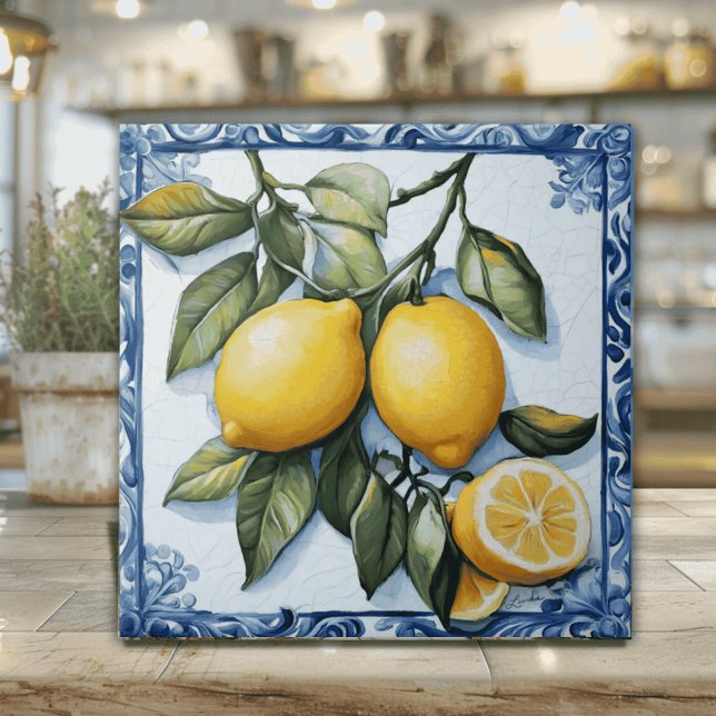 Vintage Sicilian Blue Border Lemon Tile (Artisan Italian Lemons Ceramic Tile with blue painted border)