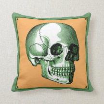 Vintage Side View Green et Tangerine Skull Coussin