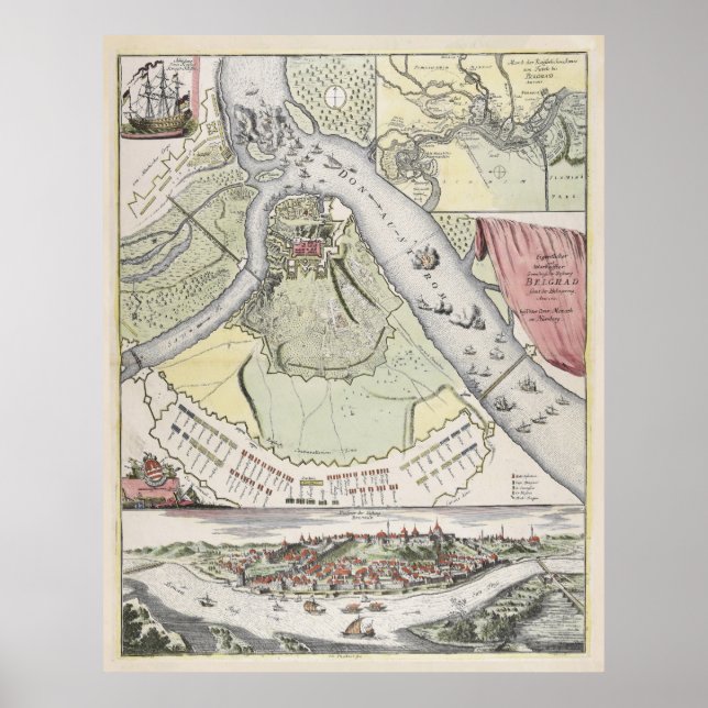 Vintage Siege of Belgrade Serbia Map (1717) Poster (Front)