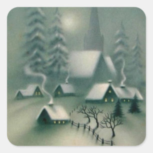 Vintage Silent Night Christmas Winter Scene Square Sticker