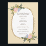 Vintage Silhouette Floral Wedding Program Card<br><div class="desc">Elegant wedding invitation illustrated with a whimsical oval frame and watercolor flowers in peach pink, delicate yellow and sweet blue. Dark green leaves and twigs, together with a couple's silhouette inspired by vintage cameos are married with fancy script font. This design can be easily customized and the background can be...</div>