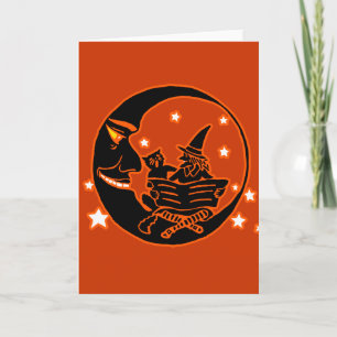 Vintage Silhouette Witch Cat and Moon Card
