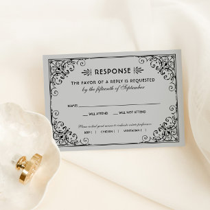 Vintage Silver and Black Art Deco Wedding RSVP Card