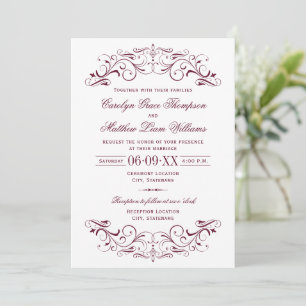 Vintage Silver and Maroon Flourish Wedding Invitation
