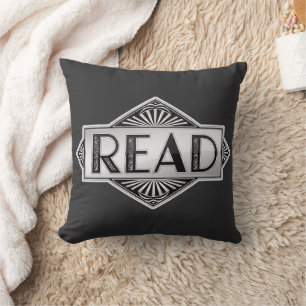Vintage Silver Art Deco READ Typography - Retro Lu Throw Pillow