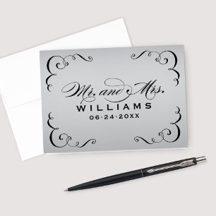 Vintage Silver Black Calligraphy Monogram Wedding Thank You Card