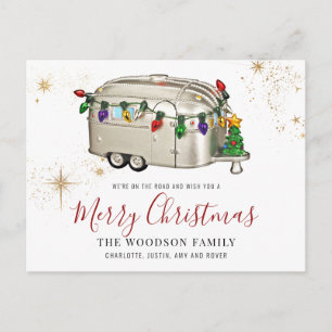 Vintage Silver Camper Christmas Lights Holiday Postcard