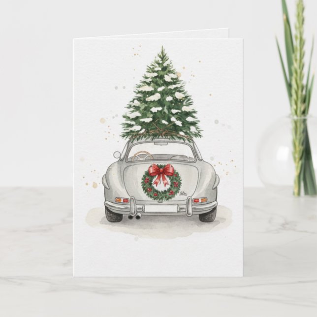 Vintage Silver Car with Christmas Tree Card (Front)
