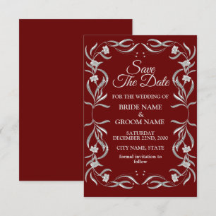 Vintage Silver Floral Pattern Red Elegant Wedding Save The Date