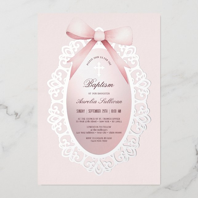 Vintage Silver Frame Pink Bow Baptism (Front)