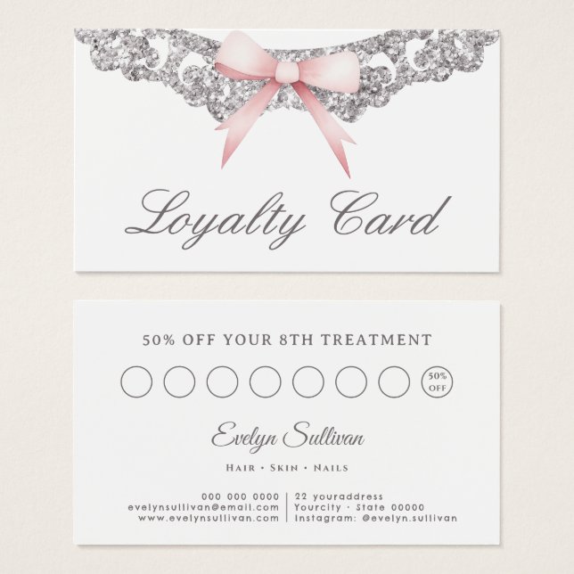 Vintage silver frame pink bow loyalty card (Front & Back)