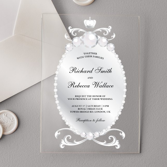 Vintage Silver Gemstone Pearl Wedding Acrylic Invitations (Creator Uploaded)