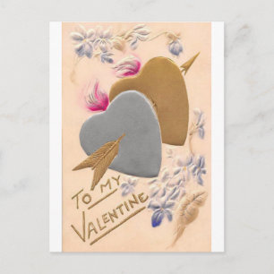 Vintage Silver & Gold Hearts Valentine Holiday Postcard