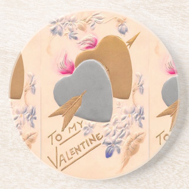 Vintage Silver & Gold Hearts Valentine Postcard Coaster (Front)