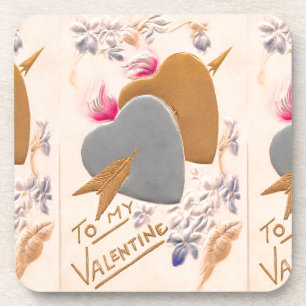Vintage Silver & Gold Hearts Valentine Postcard Coaster