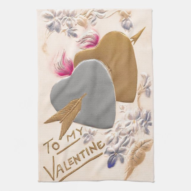 Vintage Silver & Gold Hearts Valentine Postcard Kitchen Towel (Vertical)