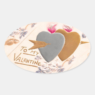 Vintage Silver & Gold Hearts Valentine Postcard Oval Sticker
