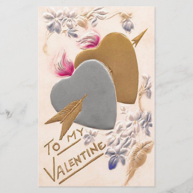 Vintage Silver & Gold Hearts Valentine Postcard Stationery (Front)