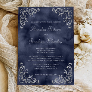 Vintage Silver Navy Blue Watercolor Wedding Invitation