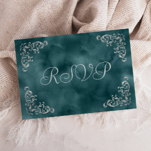 Vintage Silver Teal Blue Watercolor Wedding RSVP Card