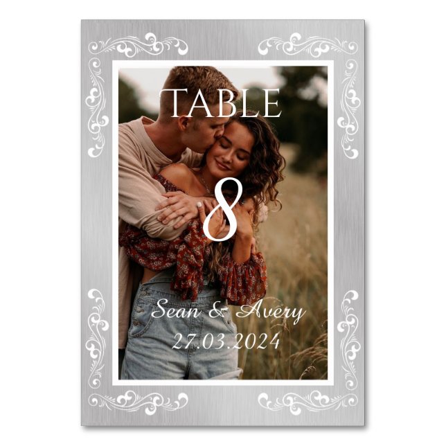 Vintage Silver & White Personalized Wedding Table Number (Front)