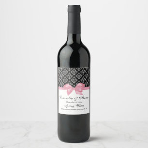 Vintage Silver Wht Damask Pink Bow DIY BG Wine Label