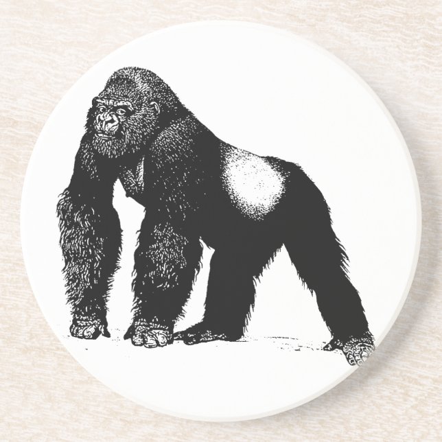 Vintage Silverback Gorilla Illustration, Black Coaster (Front)