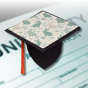 Vintage Simple Bunny Silhouettes Hearts Pattern Graduation Cap Topper