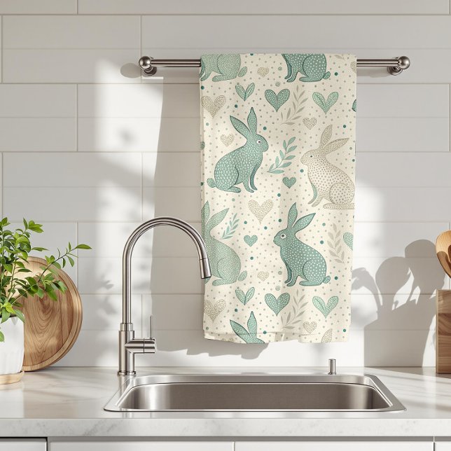 Vintage Simple Bunny Silhouettes Hearts Pattern Kitchen Towel (Creator Uploaded)