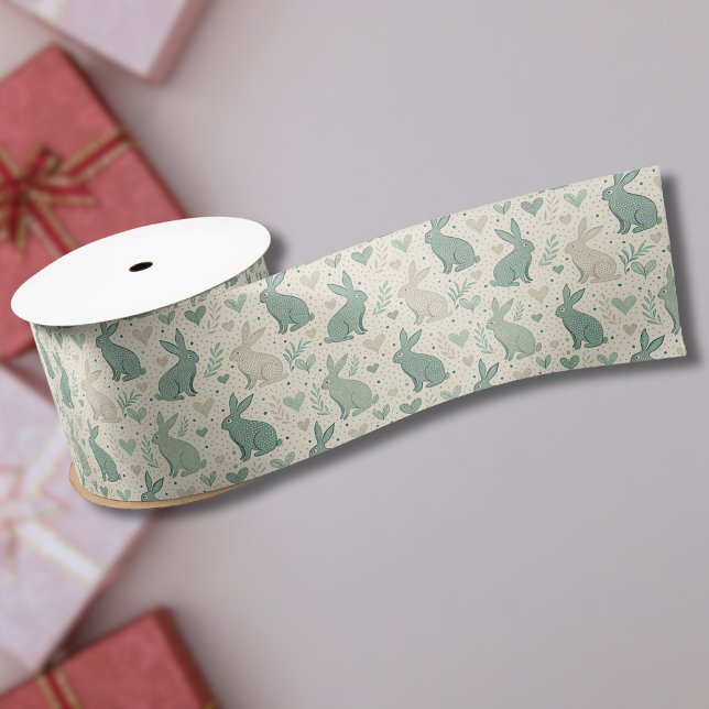 Vintage Simple Bunny Silhouettes Hearts Pattern Satin Ribbon (Creator Uploaded)