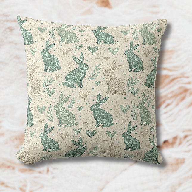 Vintage Simple Bunny Silhouettes Hearts Pattern Throw Pillow (Creator Uploaded)