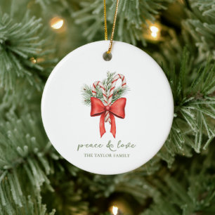 Vintage Simple Candy Cane Bow Peace Love Christmas Ceramic Ornament