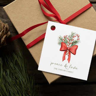 Vintage Simple Candy Cane Bow Peace Love Christmas Favour Tags