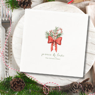Vintage Simple Candy Cane Bow Peace Love Christmas Napkin