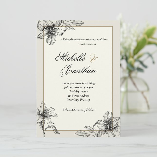 Vintage Simple Lily Floral Christian Wedding Invitation (Standing Front)