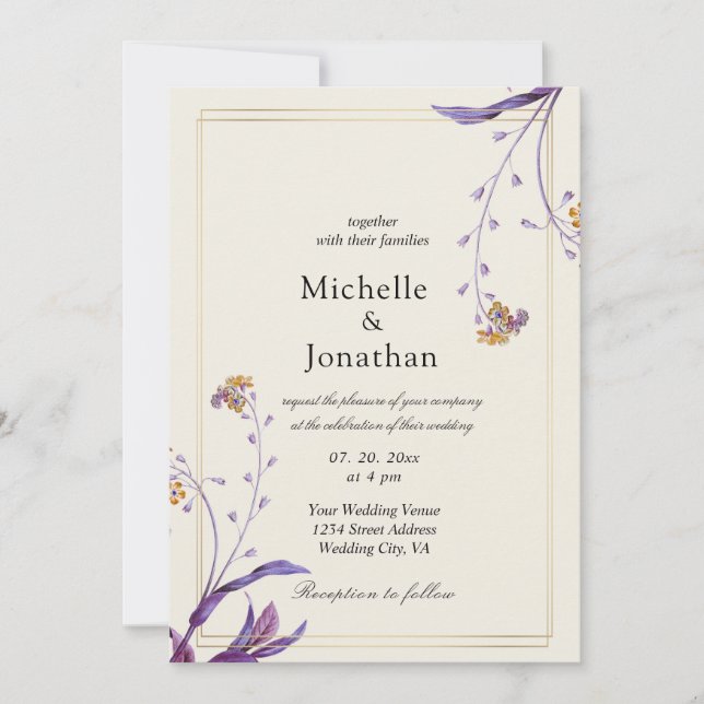 Vintage Simple Purple Flowers Christian Wedding Invitation (Front)