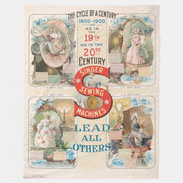 Vintage Singer Sewing Machine Ad Fleece Blanket (Front)