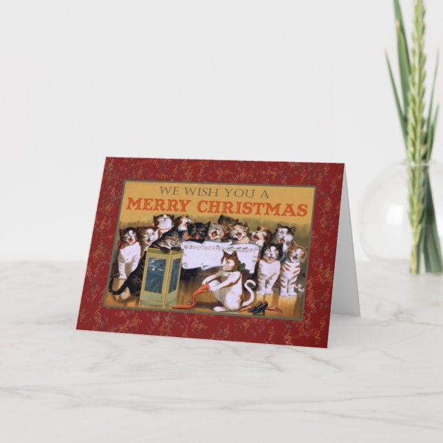 Vintage Singing Kittens Cats Christmas Card Red (Front)