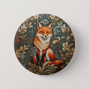 Vintage Sitting Fox William Morris Inspired Floral 2 Inch Round Button