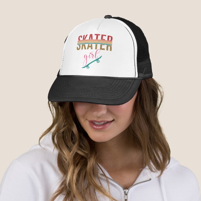 Vintage Skater Girl Skateboarder Skateboarding 80s Trucker Hat (In Situ)