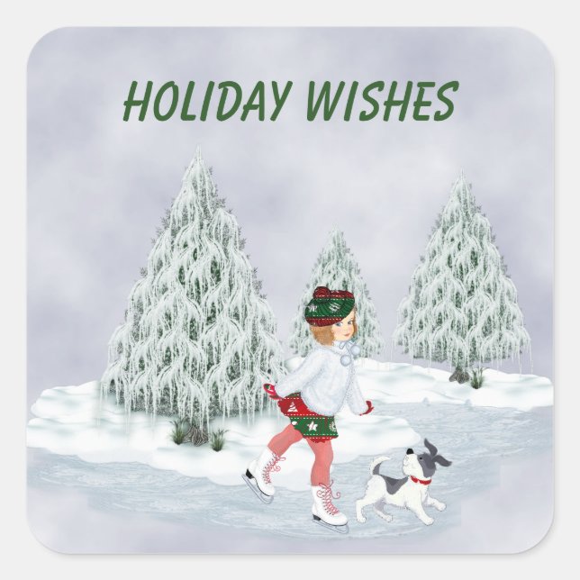 Vintage Skating Girl and Dog Square Sticker (Front)