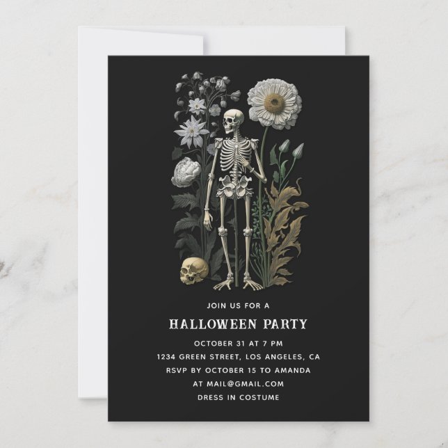 Vintage Skeleton | Black Floral Halloween Party Invitation (Front)