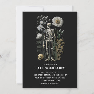 Vintage Skeleton   Black Floral Halloween Party Invitation